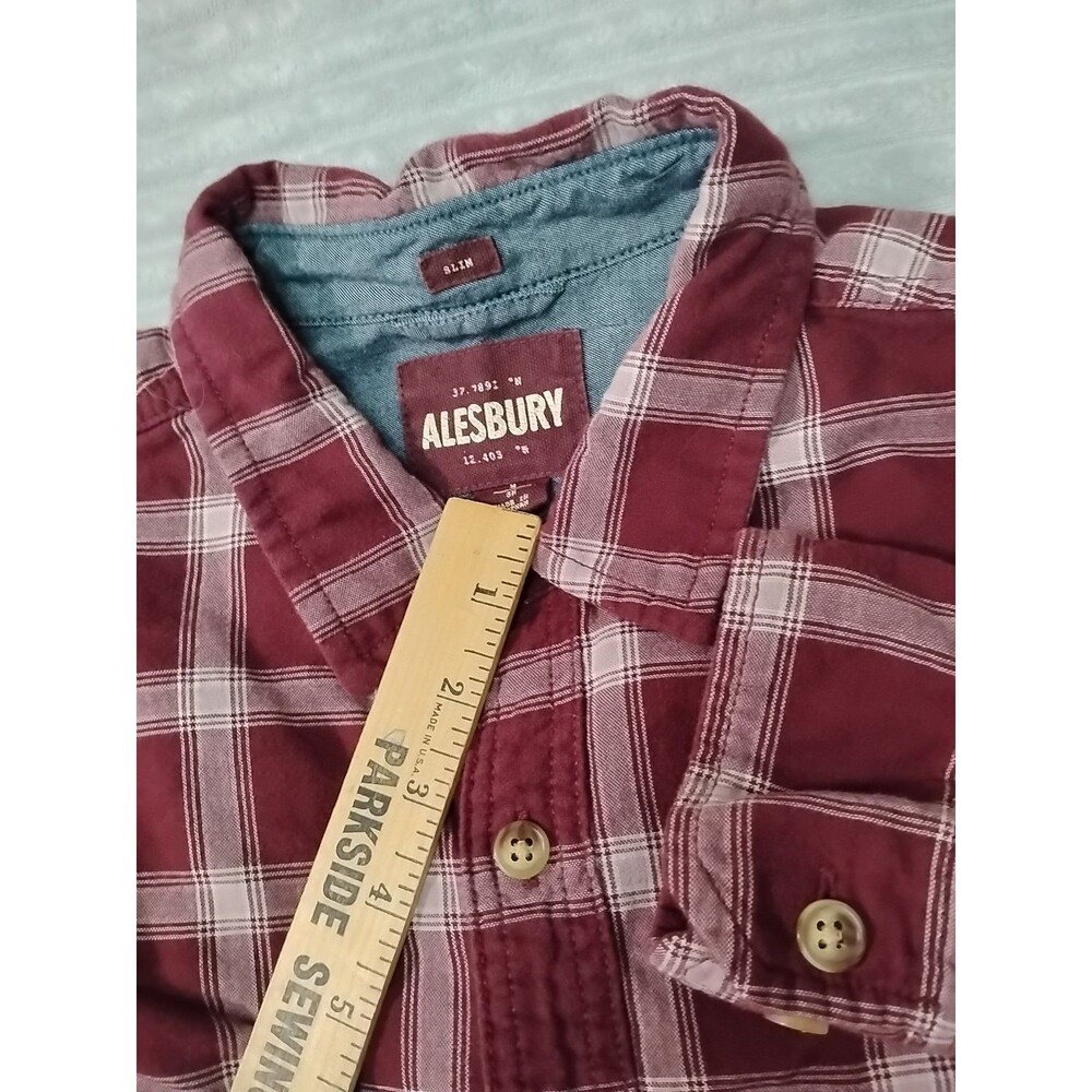 Alesbury Flannel Shirt Mens Medium Maroon & White Plaid Button Up Long Sleeve